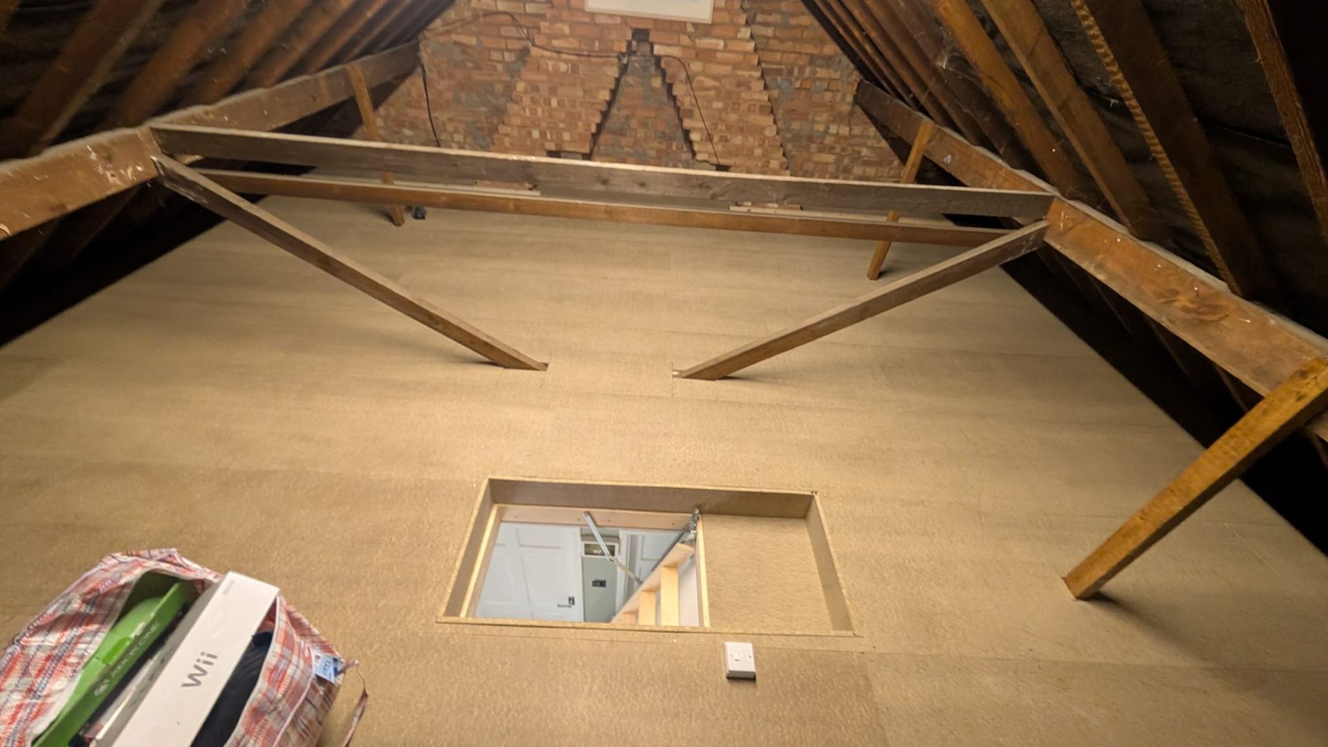 Boarded loft with new hatch opening cut into landing ceiling, Dorridge install